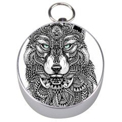 Intricate Elegant Wolf Head Illustration Silver Compasses