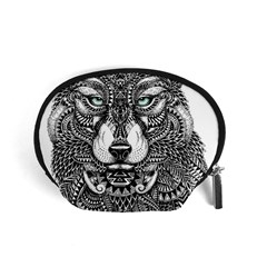 Intricate Elegant Wolf Head Illustration Accessory Pouches (small)  by Dushan