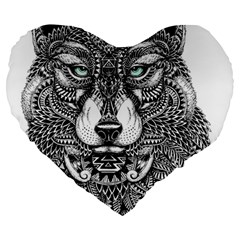 Intricate Elegant Wolf Head Illustration Large 19  Premium Flano Heart Shape Cushions by Dushan