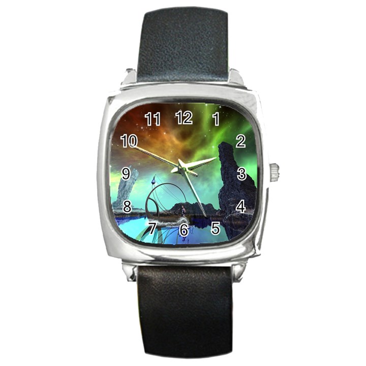 Fantasy Landscape With Lamp Boat And Awesome Sky Square Metal Watches