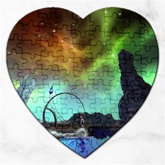 Fantasy Landscape With Lamp Boat And Awesome Sky Jigsaw Puzzle (heart) by FantasyWorld7