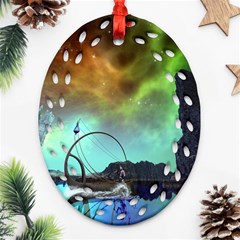 Fantasy Landscape With Lamp Boat And Awesome Sky Ornament (oval Filigree)  by FantasyWorld7