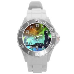 Fantasy Landscape With Lamp Boat And Awesome Sky Round Plastic Sport Watch (l) by FantasyWorld7