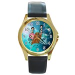 Music, Pan Flute With Fairy Round Gold Metal Watches Front