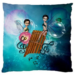 Music, Pan Flute With Fairy Large Flano Cushion Cases (one Side)  by FantasyWorld7