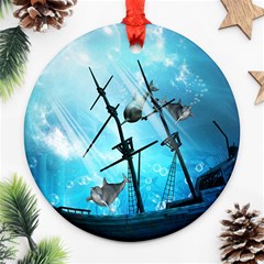 Underwater World With Shipwreck And Dolphin Ornament (round)  by FantasyWorld7