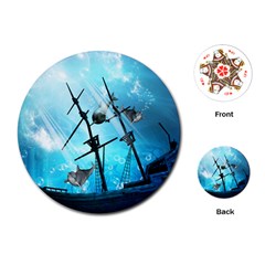 Underwater World With Shipwreck And Dolphin Playing Cards (round)  by FantasyWorld7