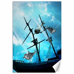 Underwater World With Shipwreck And Dolphin Canvas 12  X 18   by FantasyWorld7