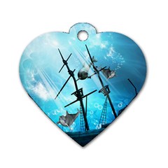 Underwater World With Shipwreck And Dolphin Dog Tag Heart (one Side) by FantasyWorld7