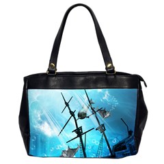 Underwater World With Shipwreck And Dolphin Office Handbags (2 Sides)  by FantasyWorld7