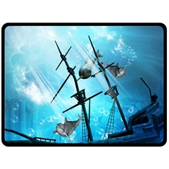 Underwater World With Shipwreck And Dolphin Fleece Blanket (large)  by FantasyWorld7