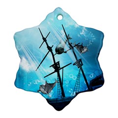 Underwater World With Shipwreck And Dolphin Ornament (snowflake)  by FantasyWorld7