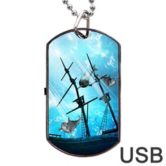 Underwater World With Shipwreck And Dolphin Dog Tag Usb Flash (two Sides)  by FantasyWorld7