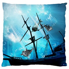 Underwater World With Shipwreck And Dolphin Large Cushion Cases (two Sides)  by FantasyWorld7