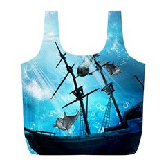 Underwater World With Shipwreck And Dolphin Full Print Recycle Bags (l)  by FantasyWorld7