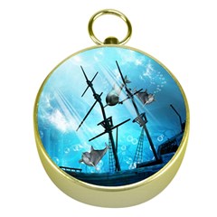 Underwater World With Shipwreck And Dolphin Gold Compasses by FantasyWorld7