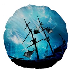 Underwater World With Shipwreck And Dolphin Large 18  Premium Flano Round Cushions by FantasyWorld7