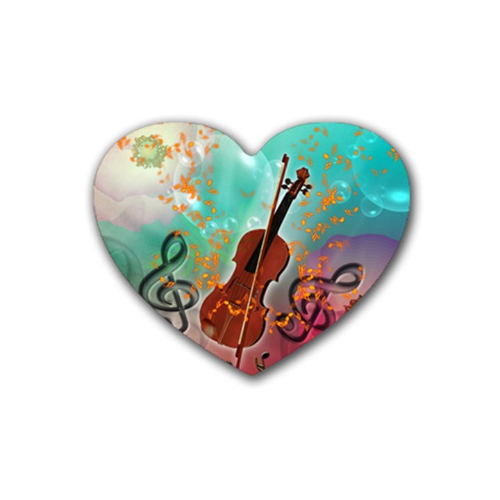 Violin With Violin Bow And Key Notes Rubber Coaster (Heart) 