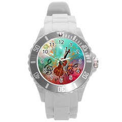 Violin With Violin Bow And Key Notes Round Plastic Sport Watch (l) by FantasyWorld7