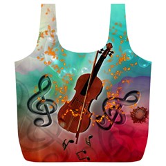 Violin With Violin Bow And Key Notes Full Print Recycle Bags (l)  by FantasyWorld7