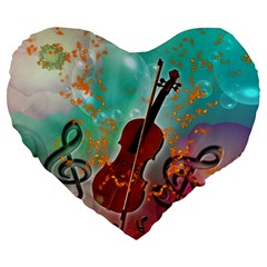 Violin With Violin Bow And Key Notes Large 19  Premium Flano Heart Shape Cushions by FantasyWorld7