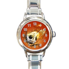 Soccer With Fire And Flame And Floral Elelements Round Italian Charm Watches by FantasyWorld7