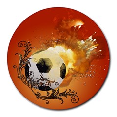 Soccer With Fire And Flame And Floral Elelements Round Mousepads by FantasyWorld7