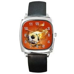 Soccer With Fire And Flame And Floral Elelements Square Metal Watches by FantasyWorld7