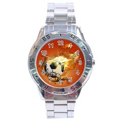 Soccer With Fire And Flame And Floral Elelements Stainless Steel Men s Watch by FantasyWorld7