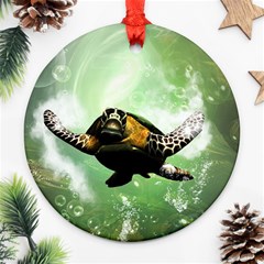 Beautiful Seaturtle With Bubbles Round Ornament (two Sides) 