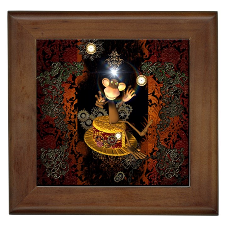 Steampunk, Funny Monkey With Clocks And Gears Framed Tiles