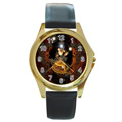 Steampunk, Funny Monkey With Clocks And Gears Round Gold Metal Watches by FantasyWorld7