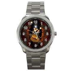 Steampunk, Funny Monkey With Clocks And Gears Sport Metal Watches by FantasyWorld7