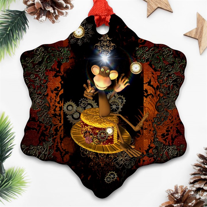 Steampunk, Funny Monkey With Clocks And Gears Snowflake Ornament (2-Side)