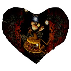 Steampunk, Funny Monkey With Clocks And Gears Large 19  Premium Heart Shape Cushions by FantasyWorld7