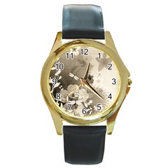 Vintage, Wonderful Flowers With Dragonflies Round Gold Metal Watches