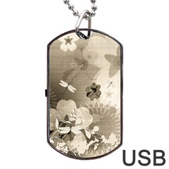 Vintage, Wonderful Flowers With Dragonflies Dog Tag Usb Flash (one Side) by FantasyWorld7