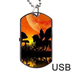 Beautiful Unicorn Silhouette In The Sunset Dog Tag USB Flash (Two Sides) 