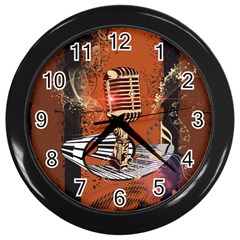 Microphone With Piano And Floral Elements Wall Clocks (black)