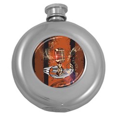 Microphone With Piano And Floral Elements Round Hip Flask (5 Oz) by FantasyWorld7