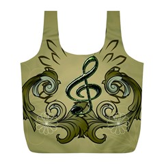 Decorative Clef With Damask In Soft Green Full Print Recycle Bags (l) 