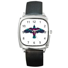 Stained Glass Bird Illustration  Square Metal Watches