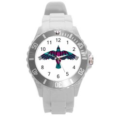 Stained Glass Bird Illustration  Round Plastic Sport Watch (l)