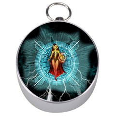 Beautiful Witch With Magical Background Silver Compasses