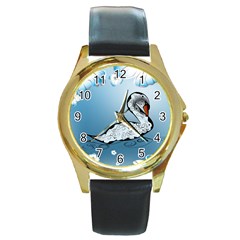 Wonderful Swan Made Of Floral Elements Round Gold Metal Watches