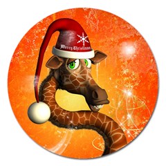 Funny Cute Christmas Giraffe With Christmas Hat Magnet 5  (round)