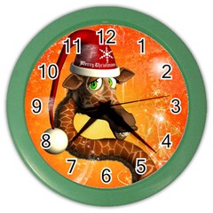 Funny Cute Christmas Giraffe With Christmas Hat Color Wall Clocks by FantasyWorld7