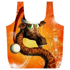 Funny Cute Christmas Giraffe With Christmas Hat Full Print Recycle Bags (l) 