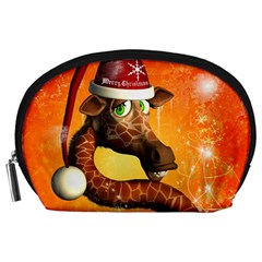 Funny Cute Christmas Giraffe With Christmas Hat Accessory Pouches (large)  by FantasyWorld7