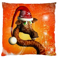 Funny Cute Christmas Giraffe With Christmas Hat Large Flano Cushion Cases (one Side)  by FantasyWorld7